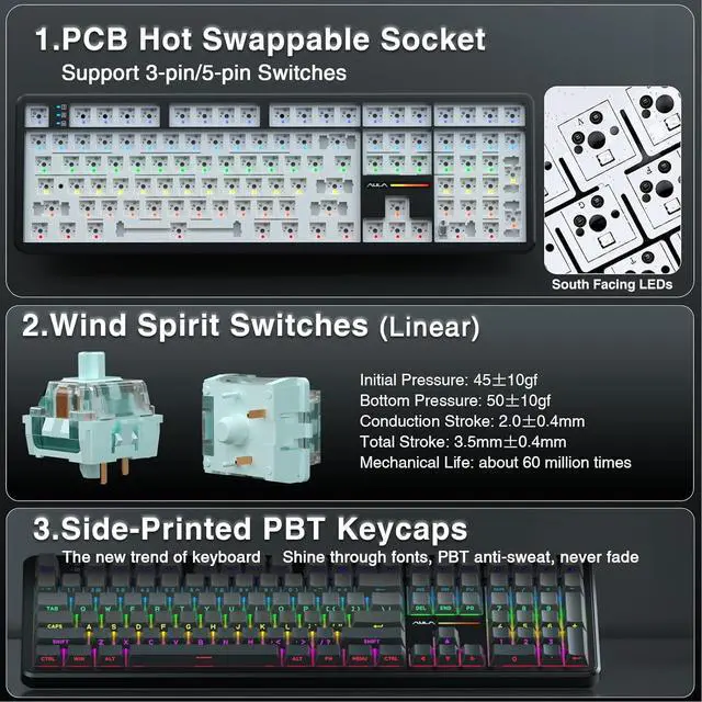 Alt view image 5 of 7 - AULA F108 Wireless Mechanical Keyboard, Full Size Gaming Keyboard with Number Pad, Side Printed PBT Keycaps, Pre-lubed Switches, RGB Backlit, Hot Swappable Creamy Sounding Computer Keyboards, 108 keys