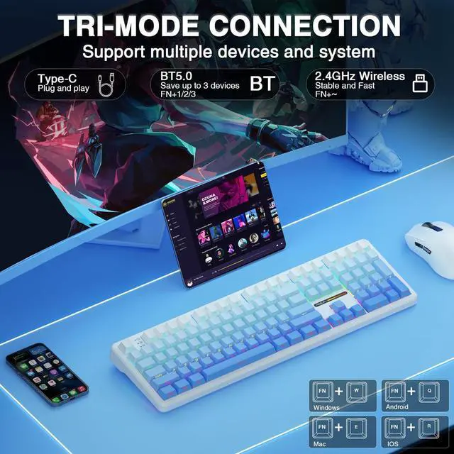 Alt view image 3 of 7 - AULA F108 Wireless Mechanical Keyboard, BT5.0/USB-C/2.4GHz Hot Swappable Custom Gaming Keyboards, PBT Keycaps, Pre-lubed Switches, RGB Backlit Full Size Creamy Keyboard with Number Pad, Gradient Blue