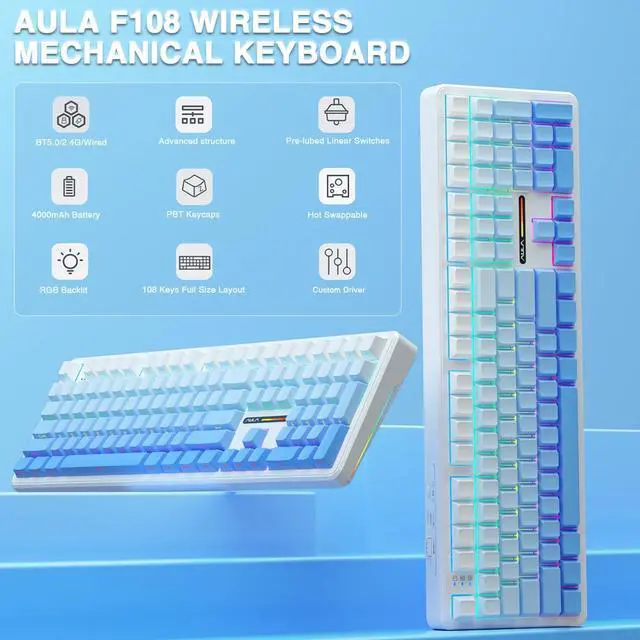 Alt view image 2 of 7 - AULA F108 Wireless Mechanical Keyboard, BT5.0/USB-C/2.4GHz Hot Swappable Custom Gaming Keyboards, PBT Keycaps, Pre-lubed Switches, RGB Backlit Full Size Creamy Keyboard with Number Pad, Gradient Blue