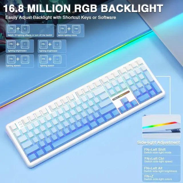 Alt view image 4 of 7 - AULA F108 Wireless Mechanical Keyboard, BT5.0/USB-C/2.4GHz Hot Swappable Custom Gaming Keyboards, PBT Keycaps, Pre-lubed Switches, RGB Backlit Full Size Creamy Keyboard with Number Pad, Gradient Blue