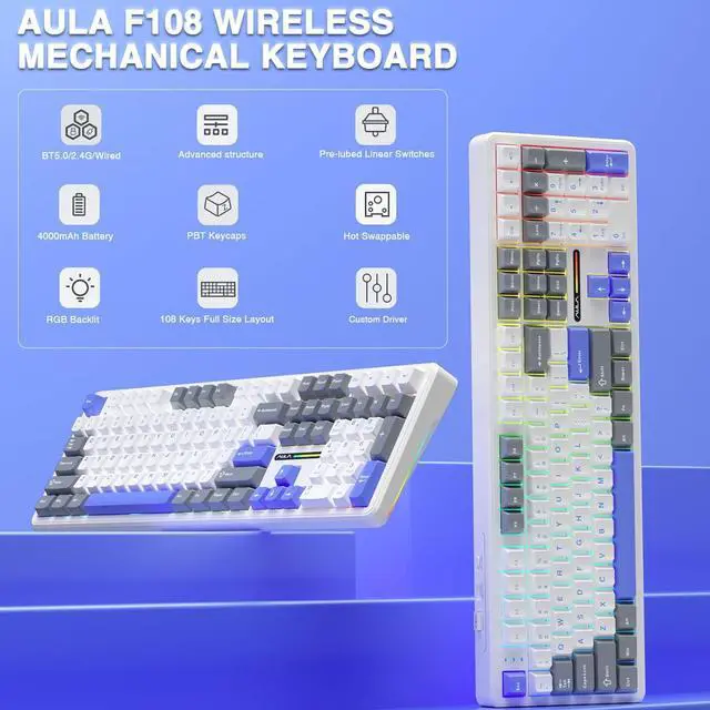 Alt view image 2 of 7 - AULA F108 Wireless Mechanical Keyboard, BT5.0/USB-C/2.4GHz Hot Swappable Custom Gaming Keyboards, PBT Keycaps, Pre-lubed Switches, RGB Backlit Full Size Creamy Keyboard with Number Pad,White&Blue