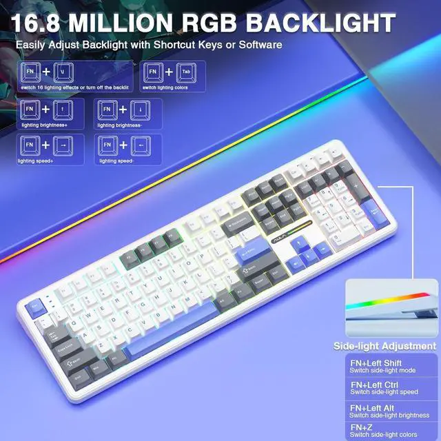 Alt view image 4 of 7 - AULA F108 Wireless Mechanical Keyboard, BT5.0/USB-C/2.4GHz Hot Swappable Custom Gaming Keyboards, PBT Keycaps, Pre-lubed Switches, RGB Backlit Full Size Creamy Keyboard with Number Pad,White&Blue