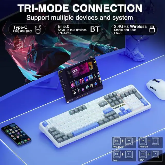 Alt view image 3 of 7 - AULA F108 Wireless Mechanical Keyboard, BT5.0/USB-C/2.4GHz Hot Swappable Custom Gaming Keyboards, PBT Keycaps, Pre-lubed Switches, RGB Backlit Full Size Creamy Keyboard with Number Pad,White&Blue