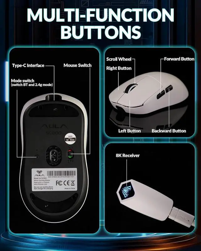 Alt view image 5 of 6 - AULA SC800 Wireless Gaming Mouse, Adjustable 26000 DPI, 37g Ultra-Lightweight Mouse, PAW3395 Sensor, 8KHz Polling Rate, Programmable Buttons, Tri-Mode BT5.0/2.4G/USB-C Rechargeable Mouse Gamer(Black)