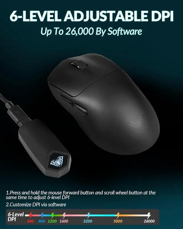 Alt view image 4 of 6 - AULA SC800 Wireless Gaming Mouse, Adjustable 26000 DPI, 37g Ultra-Lightweight Mouse, PAW3395 Sensor, 8KHz Polling Rate, Programmable Buttons, Tri-Mode BT5.0/2.4G/USB-C Rechargeable Mouse Gamer(Black)
