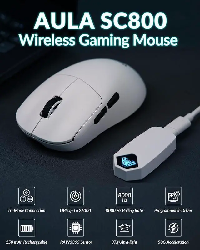 Alt view image 2 of 6 - AULA SC800 Wireless Gaming Mouse, Adjustable 26000 DPI, 37g Ultra-Lightweight Mouse, PAW3395 Sensor, 8KHz Polling Rate, Programmable Buttons, Tri-Mode BT5.0/2.4G/USB-C Rechargeable Mouse Gamer(White)