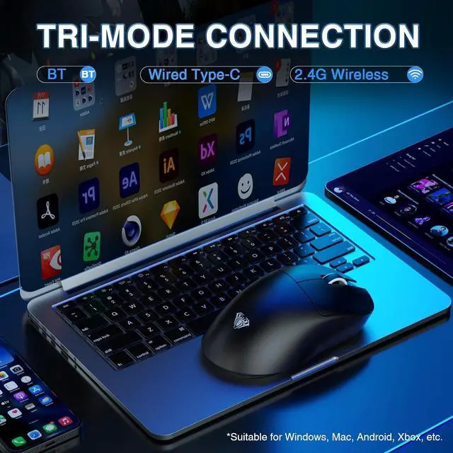 Alt view image 3 of 7 - AULA SC900 Pro Wireless Gaming Mouse, 26000 DPI, 650IPS, PAW3395 Sensor, 62g Lightweight Mouse, Tri-Mode 2.4Ghz/Type-C/BT5.0, Dual 8KHz Polling Rate with Rechargeable Mouse for PC/Mac/Linux(Black)