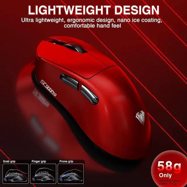 Alt view image 7 of 7 - AULA SC900 Pro Wireless Gaming Mouse, 26000 DPI, 650IPS, PAW3395 Sensor, 62g Lightweight Mouse, Tri-Mode 2.4Ghz/Type-C/BT5.0, Dual 8KHz Polling Rate with Rechargeable Mouse for PC/Mac/Linux(Red)