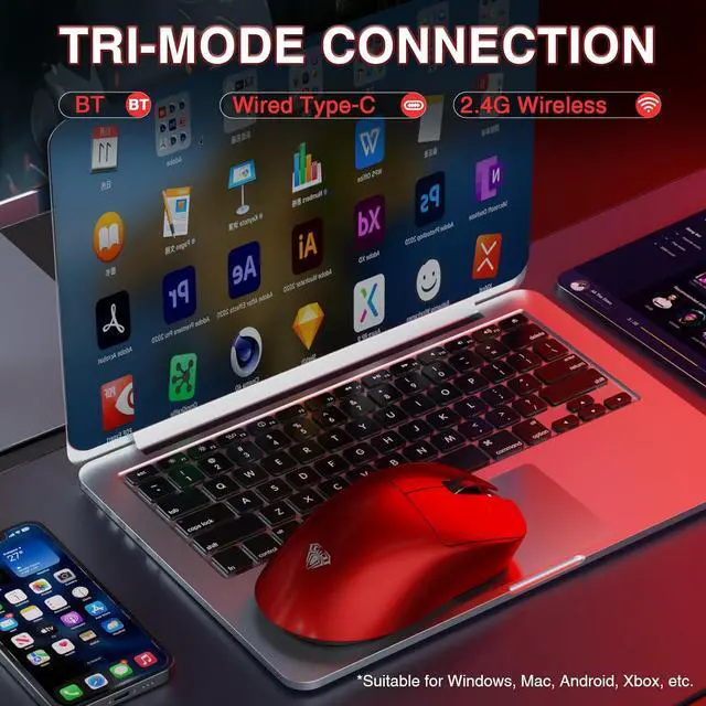 Alt view image 3 of 7 - AULA SC900 Pro Wireless Gaming Mouse, 26000 DPI, 650IPS, PAW3395 Sensor, 62g Lightweight Mouse, Tri-Mode 2.4Ghz/Type-C/BT5.0, Dual 8KHz Polling Rate with Rechargeable Mouse for PC/Mac/Linux(Red)