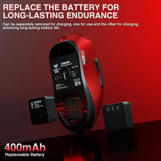 Alt view image 5 of 7 - AULA SC900 Pro Wireless Gaming Mouse, 26000 DPI, 650IPS, PAW3395 Sensor, 62g Lightweight Mouse, Tri-Mode 2.4Ghz/Type-C/BT5.0, Dual 8KHz Polling Rate with Rechargeable Mouse for PC/Mac/Linux(Red)
