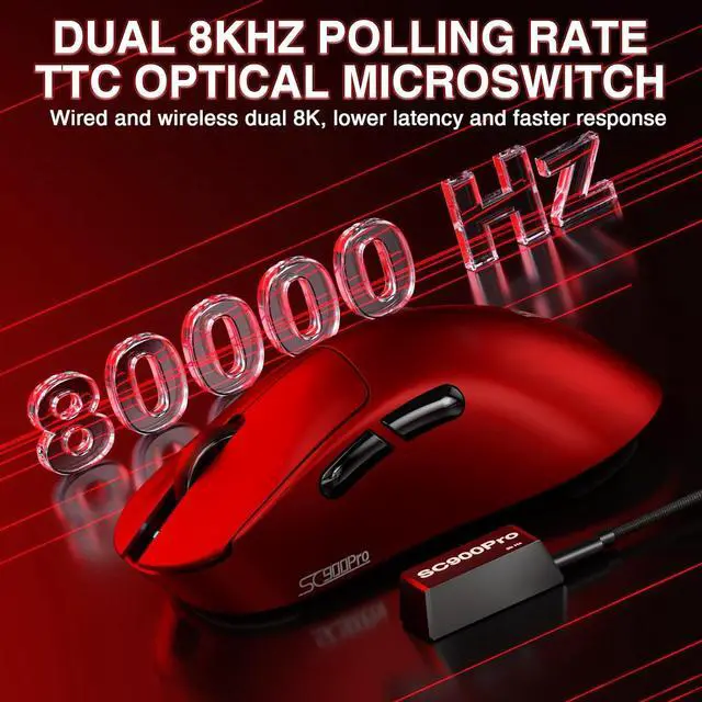 Alt view image 6 of 7 - AULA SC900 Pro Wireless Gaming Mouse, 26000 DPI, 650IPS, PAW3395 Sensor, 62g Lightweight Mouse, Tri-Mode 2.4Ghz/Type-C/BT5.0, Dual 8KHz Polling Rate with Rechargeable Mouse for PC/Mac/Linux(Red)