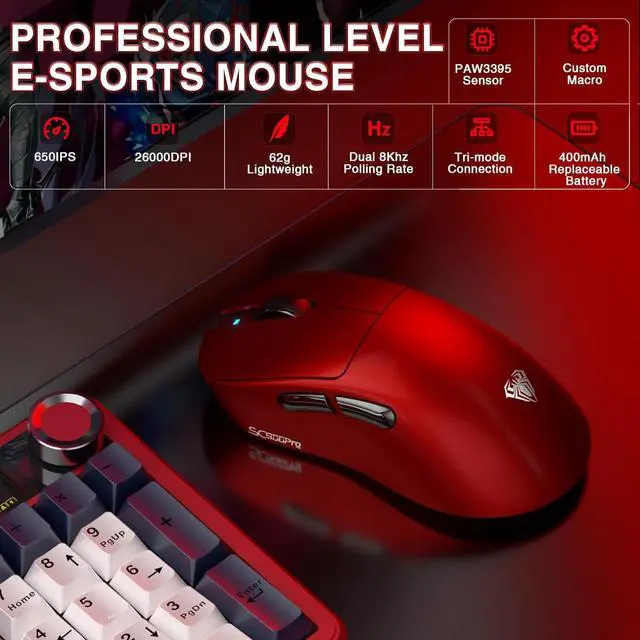 Alt view image 2 of 7 - AULA SC900 Pro Wireless Gaming Mouse, 26000 DPI, 650IPS, PAW3395 Sensor, 62g Lightweight Mouse, Tri-Mode 2.4Ghz/Type-C/BT5.0, Dual 8KHz Polling Rate with Rechargeable Mouse for PC/Mac/Linux(Red)
