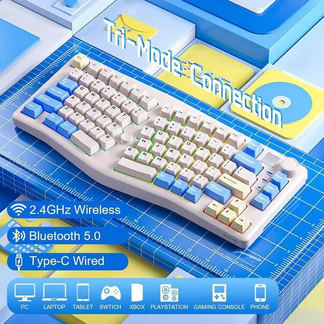 Alt view image 3 of 7 - A75 Alice Tri-Mode Bluetooth/2.4G/USB-C Ergonomic Cute Creamy Keyboard with RGB Backlit Functional Knob Joystick, 75% Layout Hot-Swap Gasket Custom Keyboard for Win Mac PC Gamer-Blue