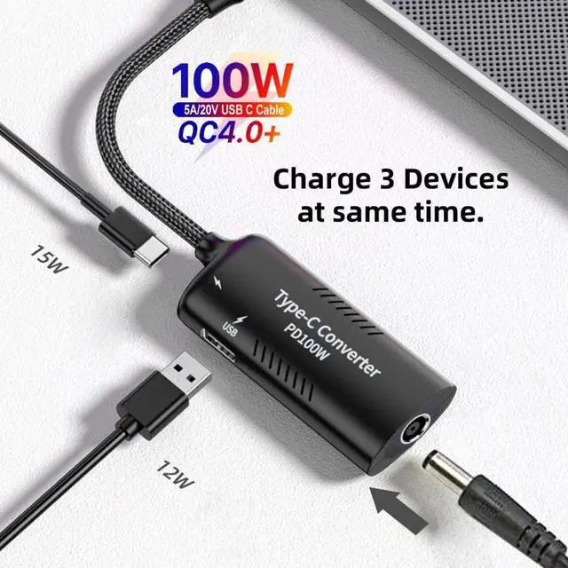 Alt view image 2 of 7 - USB C Power Converter,DC Power 5.5x2.5mm Input to USB C 100W with 15W Type C and 12W Type A Output PD Emulator Trigger Charge Cable Adapter