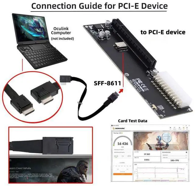 Alt view image 2 of 7 - Oculink SFF-8612 to PCI-E 3.0/4.0 M.2 M-Key to PCIe 3.0/4.0 X16 Adapter for eGPU/GPD Win Max2 External Graphics Card & SSD