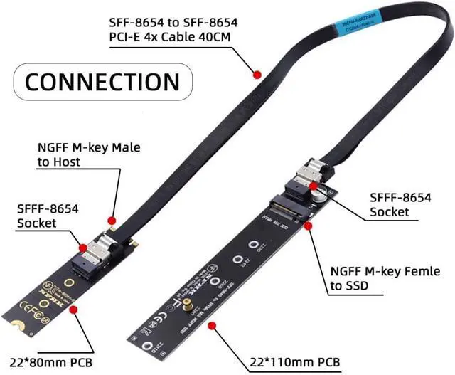 Alt view image 4 of 7 - M.2 NVME NGFF M-Key SSD Male to Female Extension Cable 40cm with SFF-8654 Connector Adapter for Mainboard SSD 2280/22110