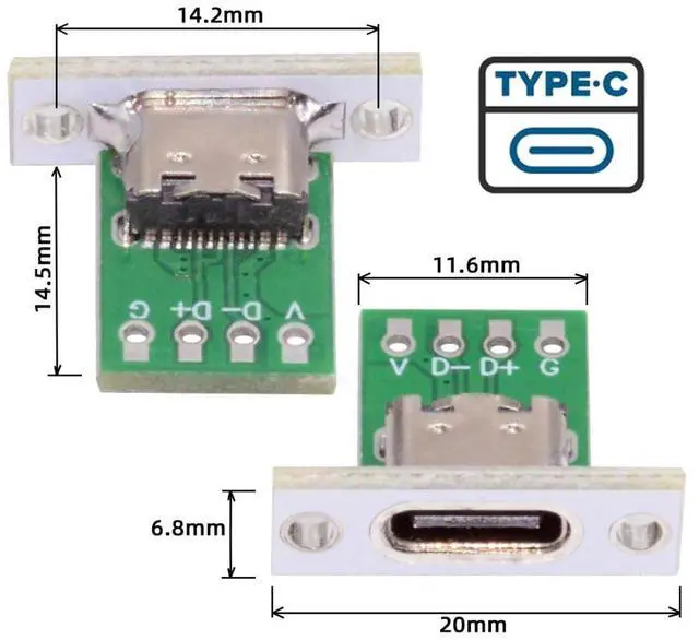 Alt view image 4 of 7 - 5 Pack USB C DIY Connector USB C 24Pin Female Socket Port Repair Replacement Solder Adapter with Panel Mount Screw Hole