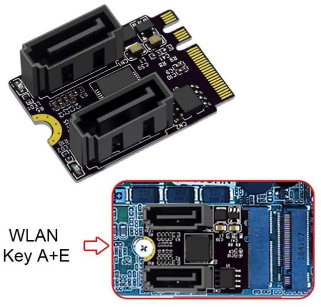 Alt view image 3 of 7 - PCIE 3.0 M.2(A+E Key) to 2 SATA 3.0 Extension Card Adapter for Motherboard SATA Hard Drive Port Extension