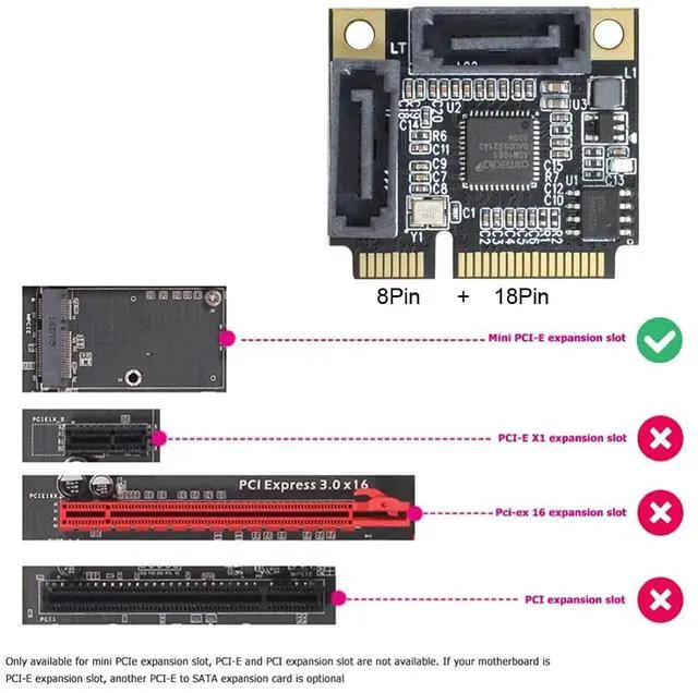 Alt view image 6 of 7 - Mini PCIE to 2 SATA 3.0 Extension Card Adapter for Motherboard SATA Hard Drive Port Extension