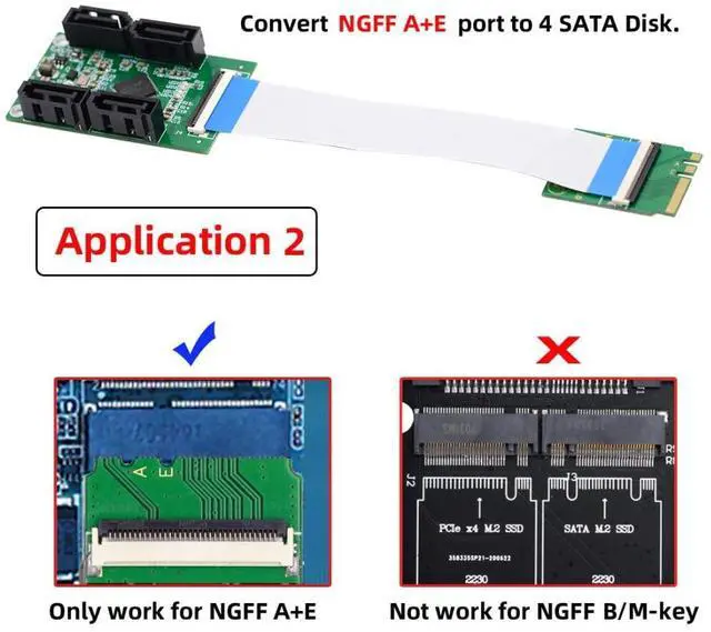 Alt view image 2 of 7 - Mini PCI-E/M.2(A+E Key) to 4 SATA 3.0 Extension Card Adapter for Motherboard SATA Hard Drive Port Extension with 10cm Flat Cable