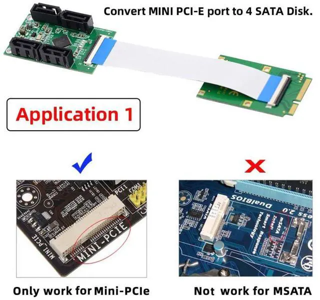 Alt view image 3 of 7 - Mini PCI-E/M.2(A+E Key) to 4 SATA 3.0 Extension Card Adapter for Motherboard SATA Hard Drive Port Extension with 10cm Flat Cable