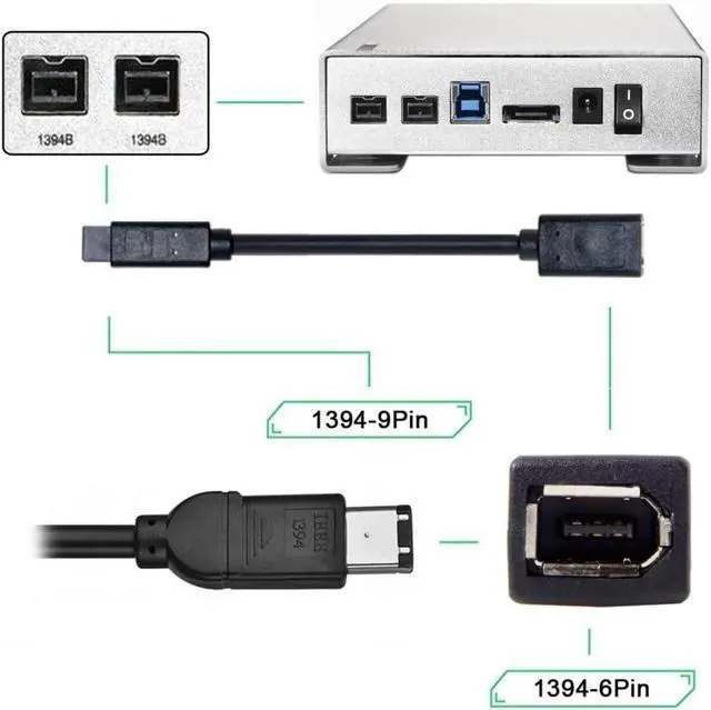 Alt view image 3 of 7 - IEEE 1394 6Pin Female to 1394b 9Pin Male Firewire 400 to 800 Cable 20cm Firewire 800 400 Cable 6 Feet 9 Pin to 6 Pin