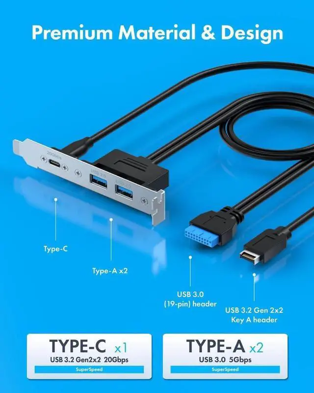 Alt view image 5 of 7 - 20Gbps USB3.2 Gen2x2 USB-C Front Panel Adapter, Motherboard Header Extension Cable, USB-C and USB to USB3.2 Type-E Key-A 20-Pin and 19-Pin USB3.0 Connectors with PCIe Bracket