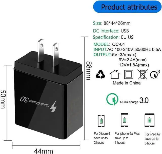 Alt view image 4 of 7 - 4-Port Quick Charge 3.0 USB Wall Charger (3.1A Max.) , Portable 48W QC3.0 USB Charger Power Adapter for iPhone XS/Max/XR/X/8/7/6s/Plus, iPad Pro/Air , iPad, Samsung, LG, HTC, Moto-White