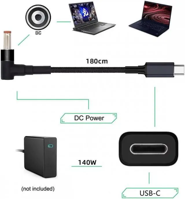 Alt view image 4 of 7 - Type C USB-C Input to 20V DC 5.5*2.5mm Output Power 100W 135W 140W 65W PD Charge Cable for Laptop