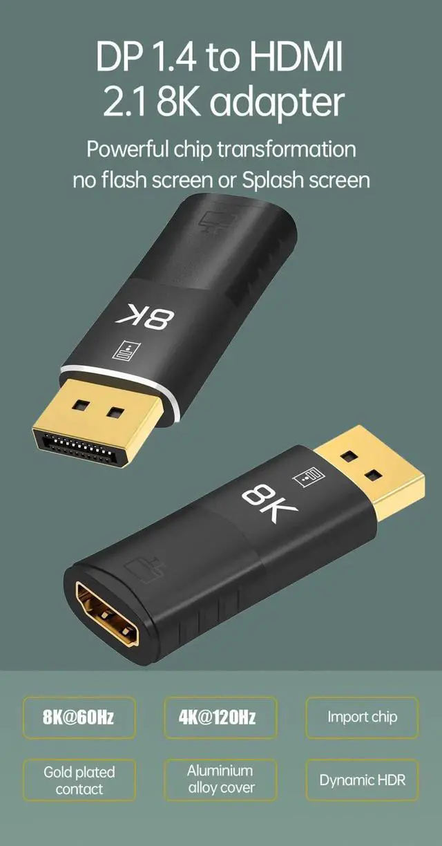 Alt view image 7 of 7 - 8K DisplayPort (DP) to HDMI Adapter, 8K@30Hz Gold-Plated Display Port PC to HDMI Screen Converter (Male to Female) Compatible with HP, Dell, NVIDIA, AMD & More, Passive, Black