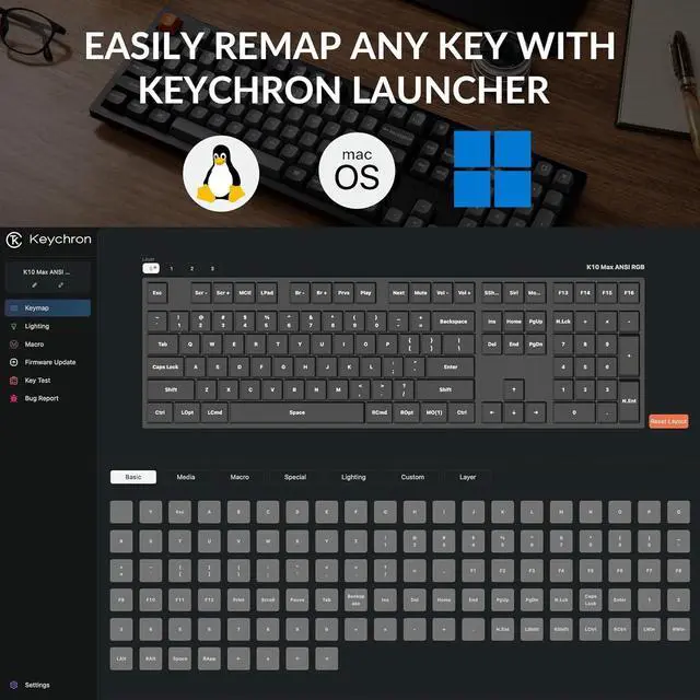 Alt view image 3 of 7 - Keychron K10 Max Wireless Custom Mechanical Keyboard, QMK 2.4 GHz Bluetooth Full-Size with Hot-swappable Keychron Super Brown Switch Compatible with Mac Windows Linux (RGB Backlit)