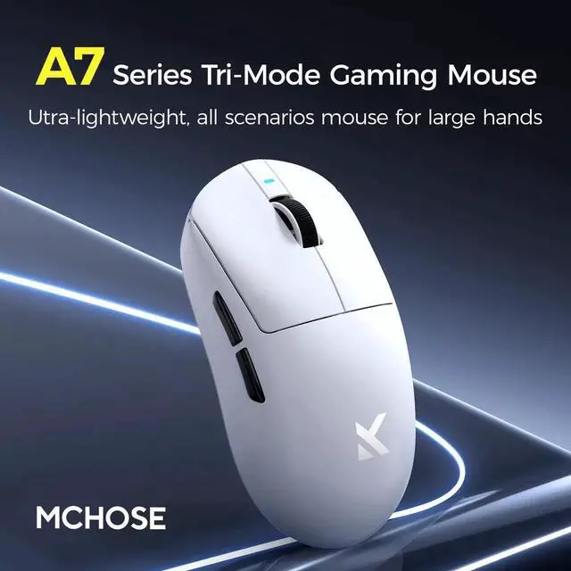 Alt view image 2 of 5 - MCHOSE A7 Wireless Gaming Mouse, Tri-Mode Connection, 56 Grams, PAW3395 26K DPI Sensor, Wired 1K/Wireless 1K Polling, 300mAh Battery - White