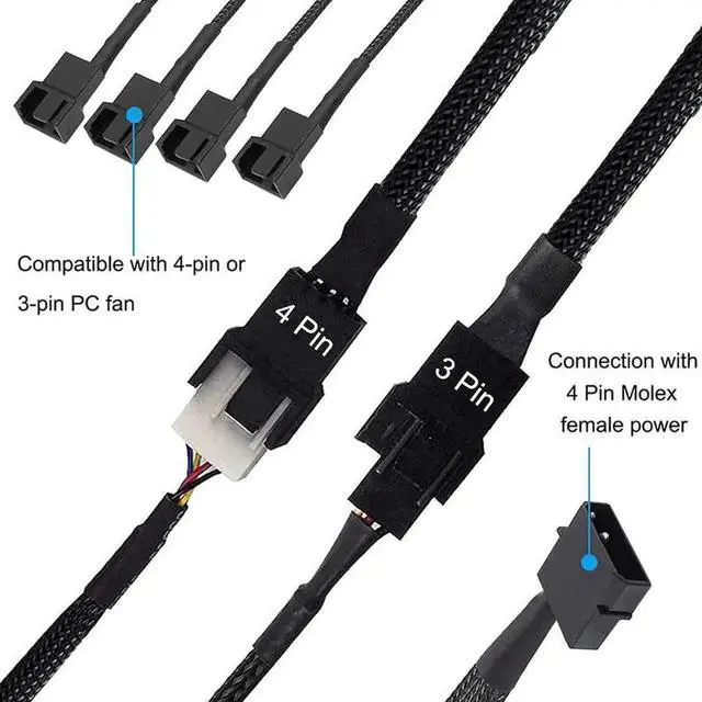 Alt view image 6 of 6 - Molex to 3 Pin 4 Pin Fan Sleeved Power Splitter Cable Adapter,Molex LP4 to 4 x TX3 / TX4 (PWM) 12V PC Case Fan Cooler Y Splitter Power Extension Cord - 10 Inch,Black