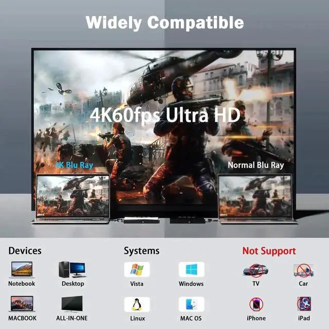 Alt view image 7 of 7 - External Blu Ray Drives, 4K Portable Blu Ray Burner USB 3.0 Type-C UHD BD Player with SD/TF Port, CD/DVD Burner R/W 3D Blu Ray Drive, External 4k Blu Ray Drive Compatible with Windows Mac OS Laptop