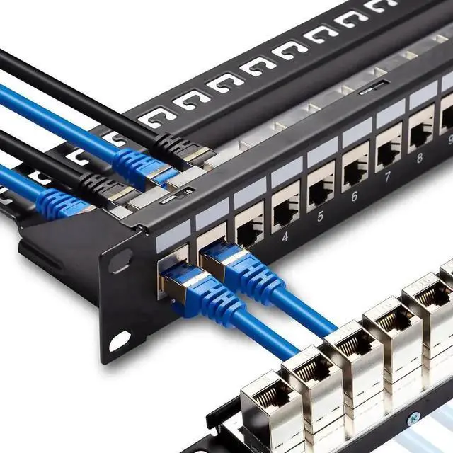 Alt view image 7 of 7 - 24 Port RJ45 Patch Panel Cat6 STP Feed Through, Coupler Network Patch Panel 19 Inch, Inline Keystone Ethernet Patch Panel with Back Bar