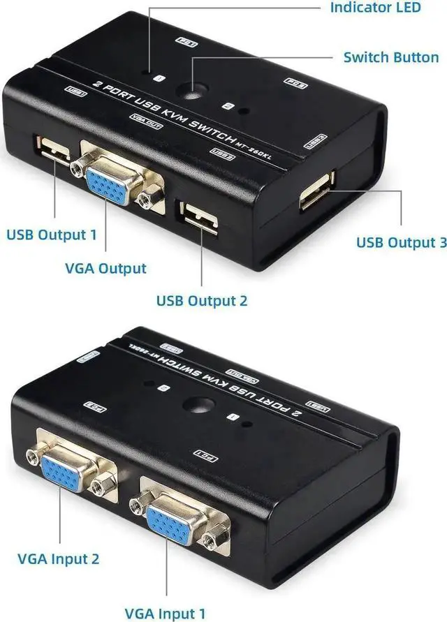 Alt view image 5 of 6 - VGA USB KVM Switch, 2 Port VGA KVM Switcher Selector with Cables for 2PC Sharing 1 Video Monitor and 3 USB Devices Keyboard Mouse Printer Scanner