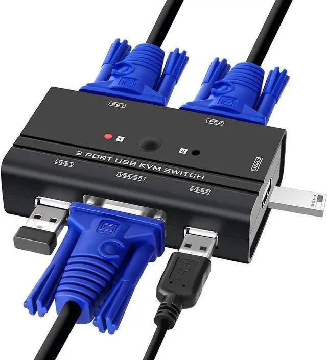 Main image of VGA USB KVM Switch, 2 Port VGA KVM Switcher Selector with Cables for 2PC Sharing 1 Video Monitor and 3 USB Devices Keyboard Mouse Printer Scanner