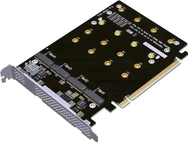Main image of PCIe 4.0 16x to 4X M.2 NVME SSD Adapter Card PCIe 4.0 GEN4 Full Speed Bifurcation Four-Bay Board Expansion Card 1 to 4 M.2 NVMe SSD Adapter Support 2242 2260 2280 22110 (No Heatsink)