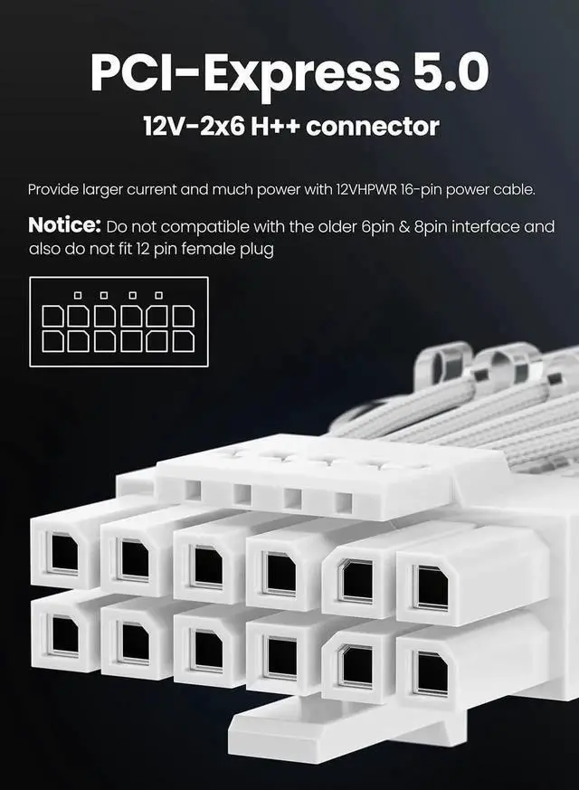 Alt view image 4 of 7 - 16pin GPU Power Cable - 70cm PCI-e 5.0 12VHPWR 600W 12+4 Male to Male 12V-2x6 PSU Sleeved Cable for RTX 3090Ti 4070 Ti 4080 4090 5090 5080 5070 5070Ti to ATX 3.0 Modular Power Supply (White)