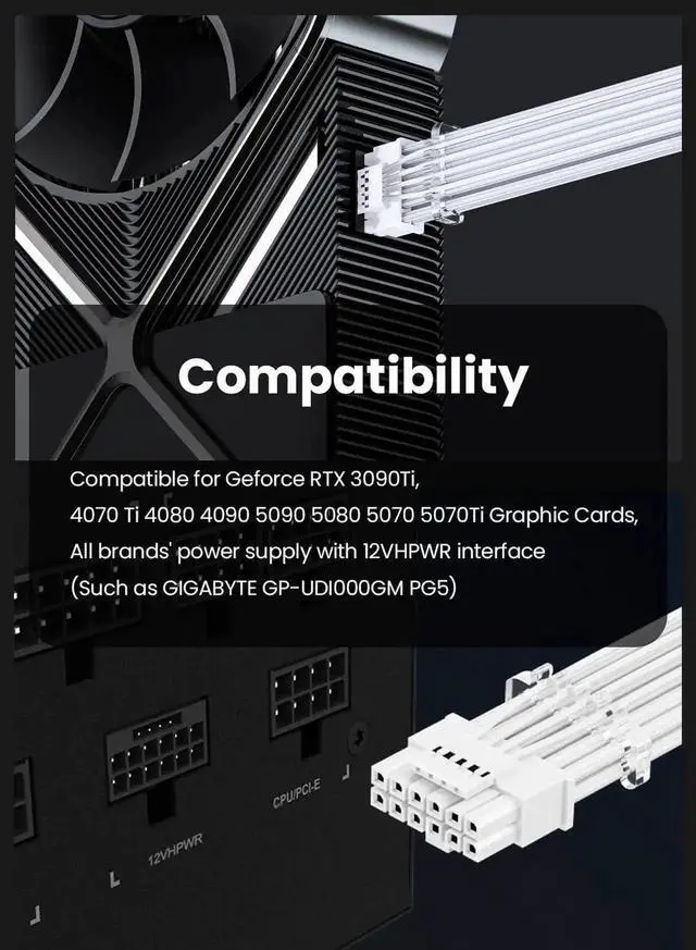 Alt view image 7 of 7 - 16pin GPU Power Cable - 70cm PCI-e 5.0 12VHPWR 600W 12+4 Male to Male 12V-2x6 PSU Sleeved Cable for RTX 3090Ti 4070 Ti 4080 4090 5090 5080 5070 5070Ti to ATX 3.0 Modular Power Supply (White)