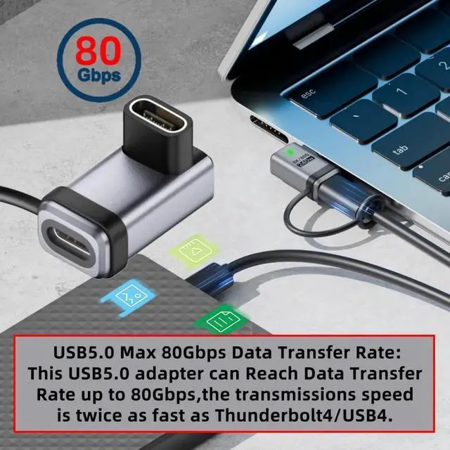 Alt view image 3 of 7 - 90 Degree Angled USB5.0 80Gbps Female to Female Extension Adapter with Lanyard Keychain 240W 16K 8K 5K Compatible with USB4.0 Thunderbolt3/4/5