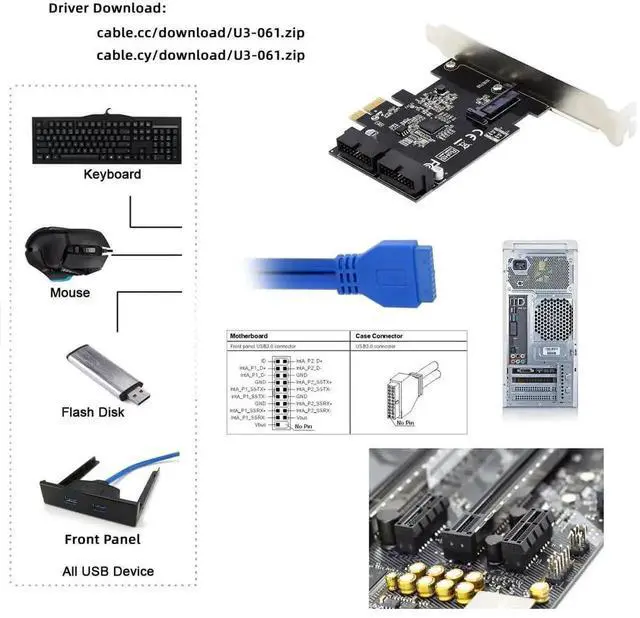 Alt view image 6 of 7 - Card 5Gbps 19Pin 20Pin USB 3.0 Front Panel Header to PCI-E 1X Express Adapter for Computer Motherboard