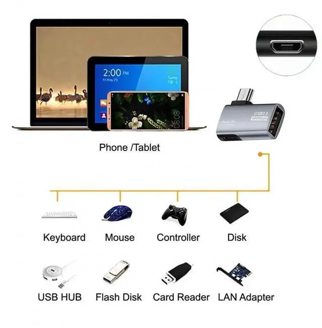 Alt view image 2 of 7 - Adapter 2pcs/lot Micro USB 2.0 to Type-A Female OTG Host Adapter 90 Degree Left+Right Angled with USB Power for Phone Tablet