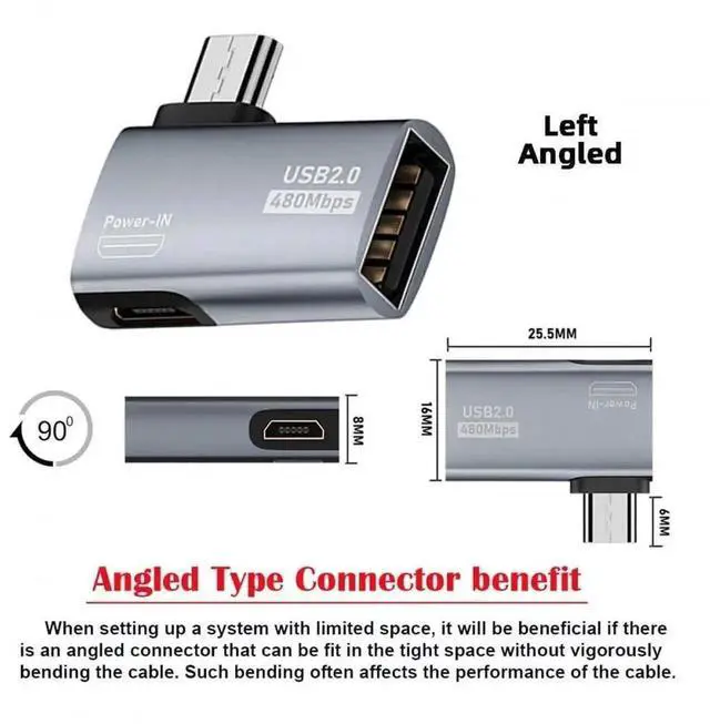 Alt view image 7 of 7 - Adapter 2pcs/lot Micro USB 2.0 to Type-A Female OTG Host Adapter 90 Degree Left+Right Angled with USB Power for Phone Tablet