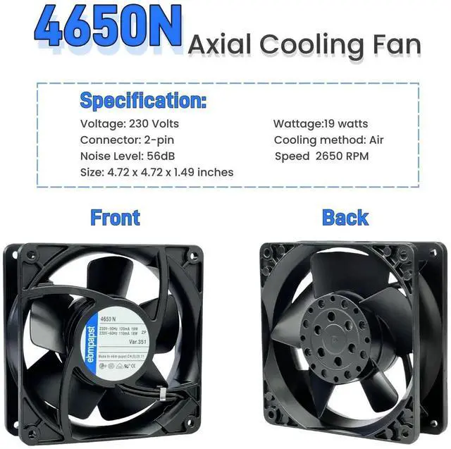 Alt view image 2 of 7 - for ebmpapst Cooling Fan 4650N, All Metal High Temperature Resistant Axial Cooling Fan 2-Pin 120x120x38mm AC 230V 50/60Hz 0.12A