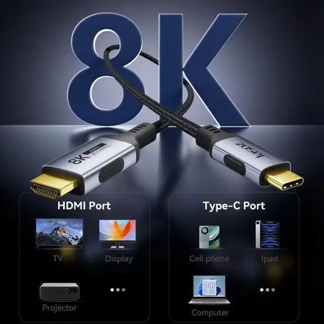 Alt view image 3 of 5 - Jasoz 8K USB-C to HDMI Cable, 48Gbps High Speed Male to Male Cord with Aluminum Alloy Connector for Laptop, 8K Camera, HDTV, Home Theater & Projector 2M