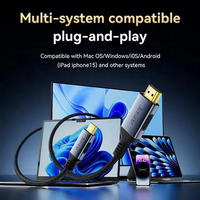 Alt view image 5 of 5 - Jasoz 8K USB-C to HDMI Cable, 48Gbps High Speed Male to Male Cord with Aluminum Alloy Connector for Laptop, 8K Camera, HDTV, Home Theater & Projector 2M