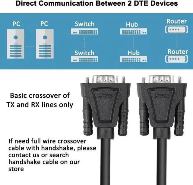Alt view image 2 of 7 - DTech RS232 Cable 15ft Null Modem DB9 to DB9 Serial Cable Male to Male RS-232 Cord Cross TX RX line 2 Pin Crossed Without Handshake for Data Communication (15 Feet, Black)