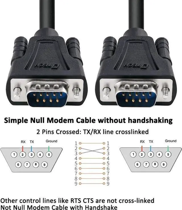 Alt view image 5 of 7 - DTech RS232 Cable 15ft Null Modem DB9 to DB9 Serial Cable Male to Male RS-232 Cord Cross TX RX line 2 Pin Crossed Without Handshake for Data Communication (15 Feet, Black)