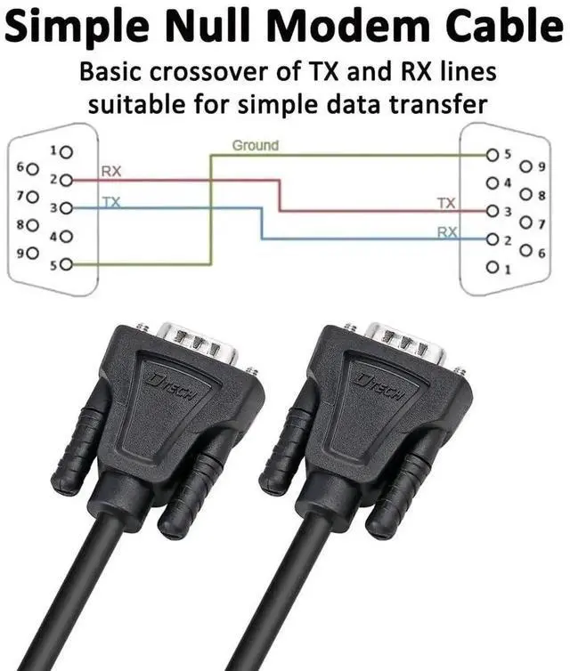 Alt view image 7 of 7 - DTech 6ft DB9 to DB9 RS232 Serial Cable Male to Male Simple Null Modem Cord Cross TX RX line 2 Pin Crossed Without Handshake for Computer Data Communication (6 Feet, Black)